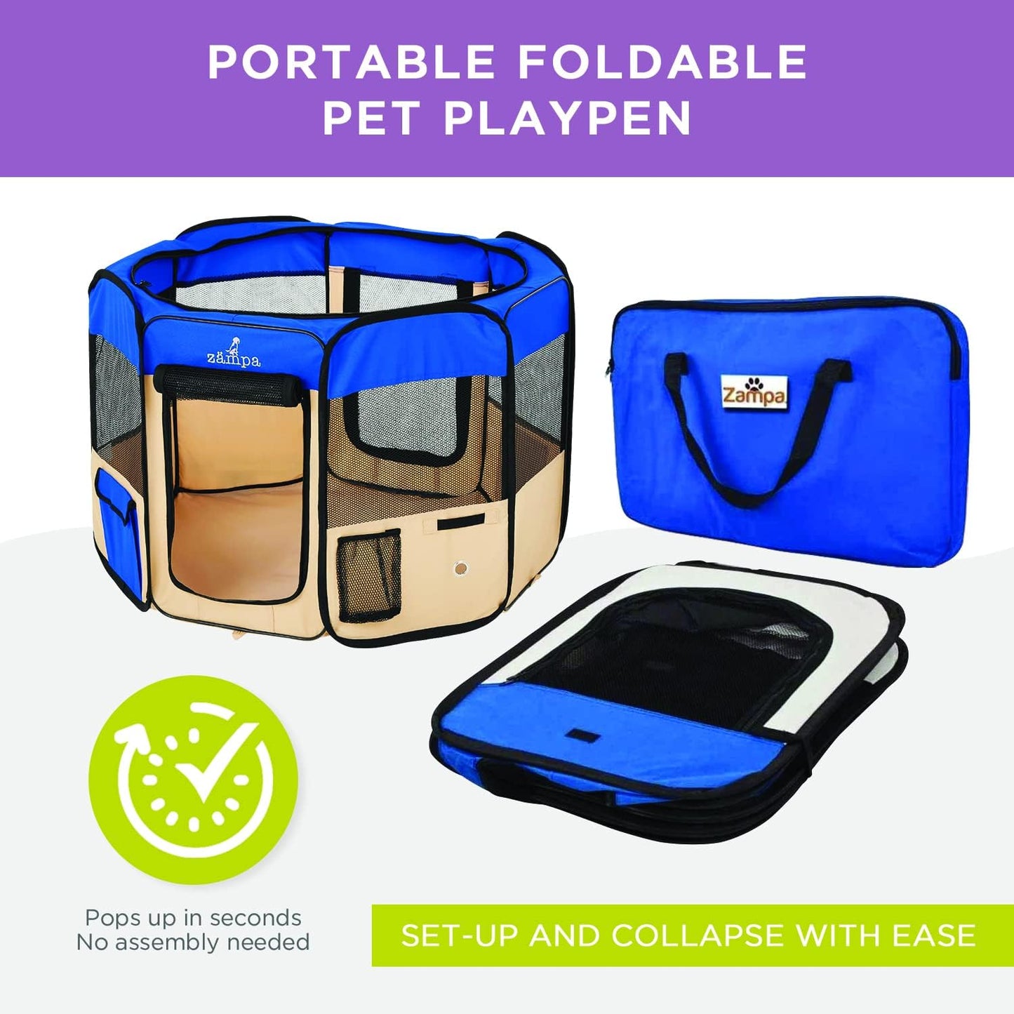 Puppy Pop up Portable Playpen for Dog and Cat, Foldable | Indoor/Outdoor Kitten Pen & Travel Pet Carrier + Carrying Case (Blue, Extra Small (29"X29"X17"))