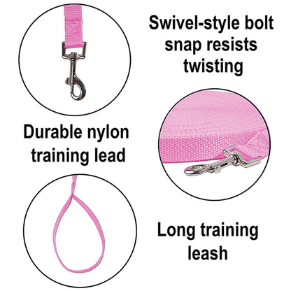 Long Dog Leash Obedience Recall Training Agility Lead - 15Ft 20Ft 30Ft 50Ft 100Ft Play Pink