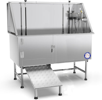 Flying Pig 62" Stainless Steel Pet Dog Grooming Bath Tub with Walk-In Ramp & Accessories (Left Door/Right Drain)